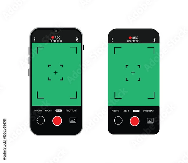 Fototapeta Camera interface in phone screen. Photo, video ui in cellphone. App for record from mobile cam. Viewfinder, grid, focus, button and rec. Smartphone for photography, selfie and video interface. Vector.