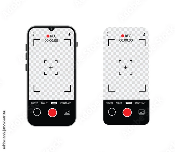 Fototapeta Camera interface in phone screen. Photo, video ui in cellphone. App for record from mobile cam. Viewfinder, grid, focus, button and rec. Smartphone for photography, selfie and video interface. Vector.