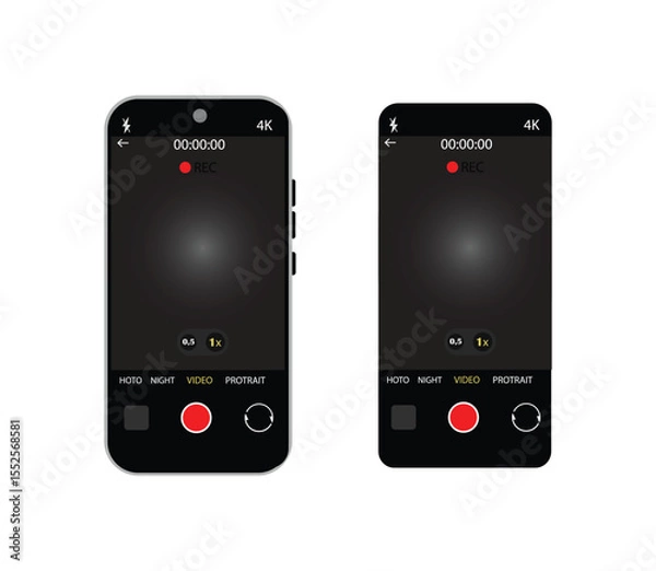 Fototapeta Mobile Camera App UI Elements – Vector Interface with Viewfinder, Focus Grid, Record Buttons for Photography and Video on Smartphone Screen.