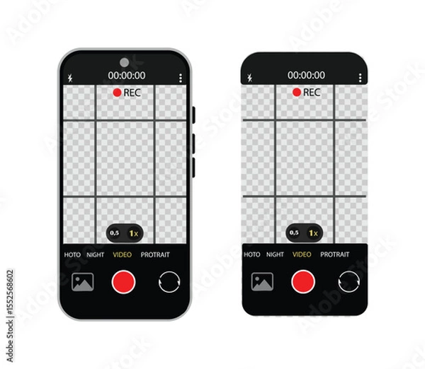 Fototapeta Camera interface in phone screen. Photo, video ui in cellphone. App for record from mobile cam. Viewfinder, grid, focus, button and rec. Smartphone for photography, selfie and video interface. Vector.