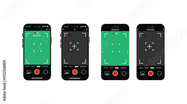 Fototapeta Mobile Camera App UI Elements – Vector Interface with Viewfinder, Focus Grid, Record Buttons for Photography & Video on Smartphone Screen.