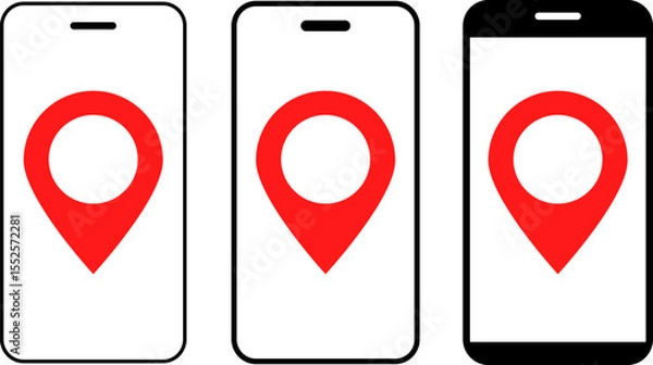 Fototapeta Smartphone with location icon set.  Map pin and icon. global positioning system. instant navigation service
