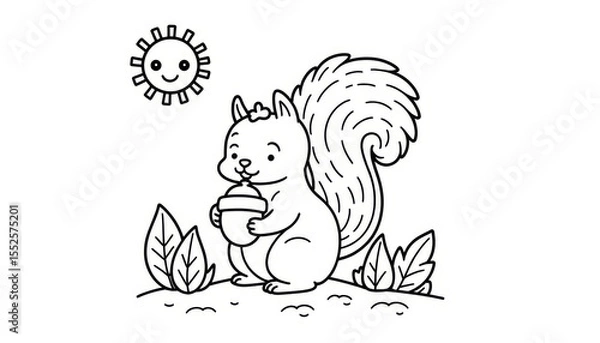 Fototapeta Squirrel Holding Acorn - Colouring Page for Kids - Fun in the Garden