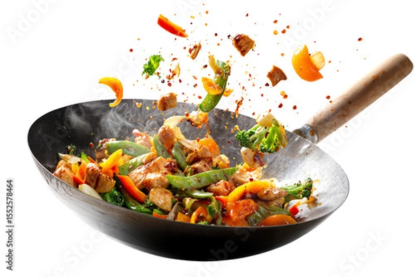 Obraz Colorful chicken stir fry with vegetables in hot wok isolated on transparent background with flying ingredients and spices