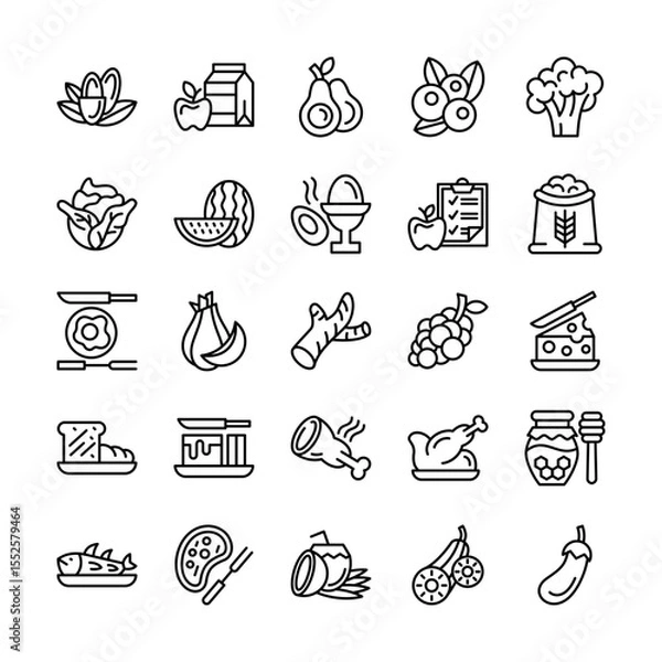 Obraz Food and vegetable icon set in line style representing various dishes and healthy foods concepts
