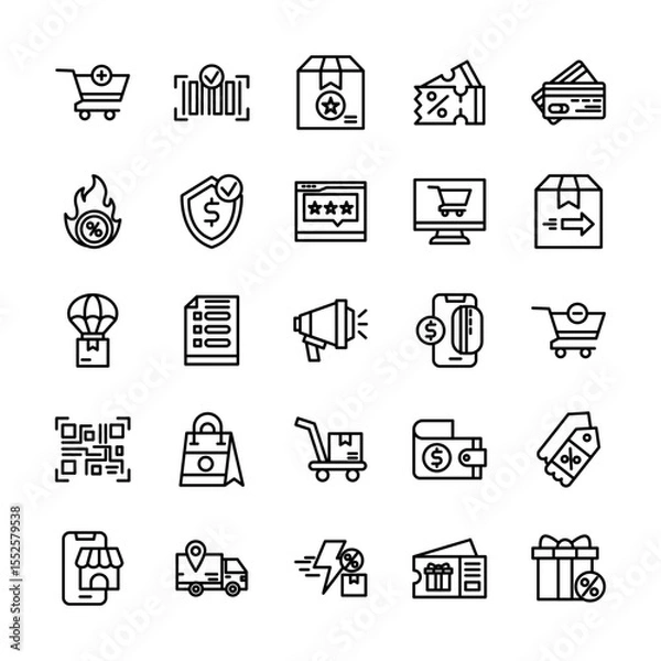 Obraz Shopping and e-commerce icon set in line style representing online retail activities