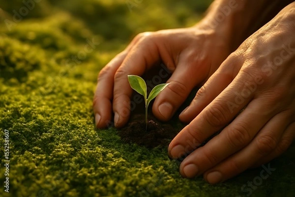 Fototapeta Close-up of adult hands planting a small green seedling in moss-covered soil. A visual metaphor of growth, nature, sustainability, and environmental responsibility.