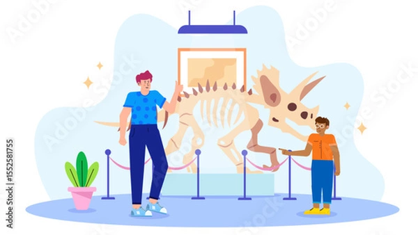 Fototapeta Museum scene with triceratops skeleton being admired by man and boy. Suitable for educational materials or history themed visuals.
