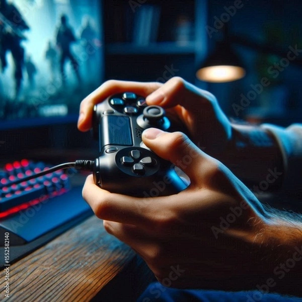 Fototapeta a gamer's hand gripping a joystick while playing on a computer