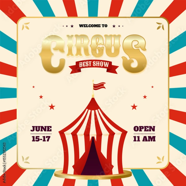 Fototapeta Golden circus card with tent and ribbon on radiant striped background. Design for festive poster or invitation. Vector illustration