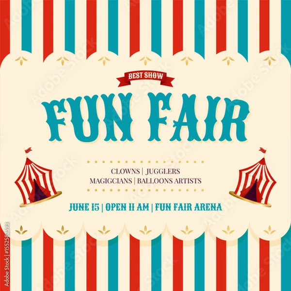 Fototapeta Fun fair flyer with vintage circus tents and playful typography. Template for kid friendly event promos. Vector illustration
