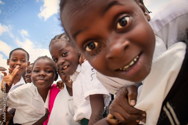 Fototapeta Premium close-up of happy African schoolchildren in uniforms, laughing together outdoors. A powerful and uplifting image capturing real joy, childhood, and cultural connection.
