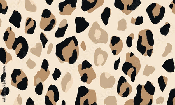 Fototapeta Leopard print pattern, seamless repeating pattern, vector illustration, flat color blocks, simple design, muted colors, cream background, black and beige palette