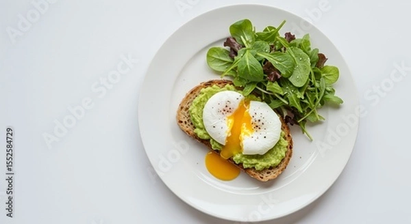 Obraz Indulge in a vibrant avocado toast topped with a perfectly poached egg, served alongside a fresh side salad.