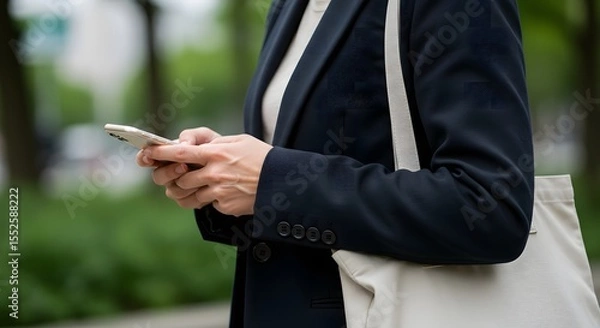 Fototapeta Woman in dark blazer using a smartphone with a canvas tote bag