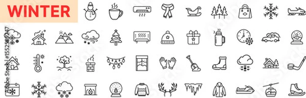 Fototapeta Winter Line Icon Design Featuring Snowflakes, Mittens, Scarves, Hot Drinks, Sledding, Snowmen, Heaters, Christmas Trees, Winter Sports, and Cold Weather Clothing
