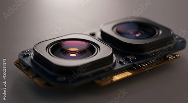Fototapeta "Macro image of smartphone camera lens and components. Modern mobile photography tech parts."

