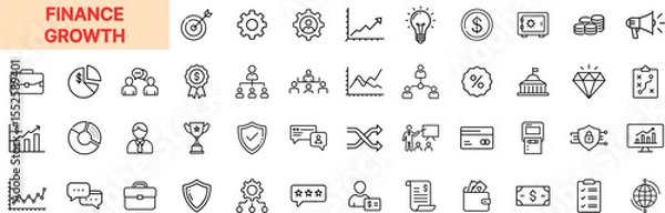Fototapeta Finance Growth Line Icon Design Featuring Bar Charts, Dollar Symbols, Business Planning, ROI, Market Strategy, Investment, Innovation, Wealth, Trophy, Gears, and Analytics