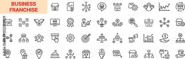 Fototapeta Business Franchise Line Icon Design Featuring Branch Networks, Award Medals, Market Analysis, Store Locations, Charts, Team Structures, Customer Reviews, Sales Strategy, Gears, and Growth Arrows