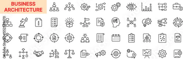 Fototapeta Business Architecture Line Icon Design Featuring Flowcharts, Gears, Org Charts, Process Nodes, Strategy Documents, Mind Maps, Data Sheets, Calendars, and Decision Trees