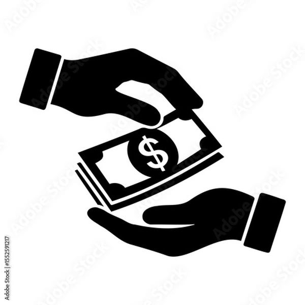 Fototapeta Two hands exchanging a stack of money with a dollar sign in black and white illustration on transparent background