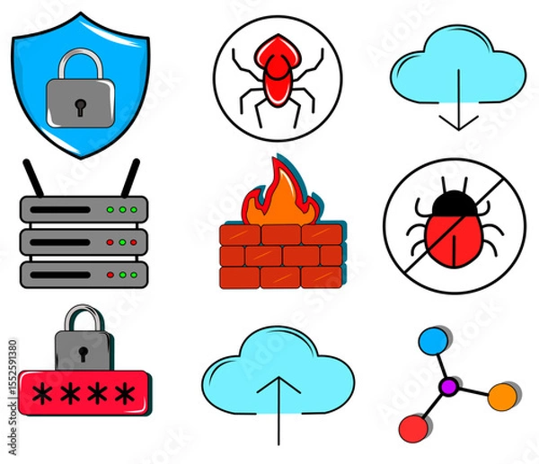 Obraz A collection of security-themed icons in a vibrant, full-color palette, including shields, locks, and bug symbols. This diverse set is ideal for illustrating comprehensive security solutions, 