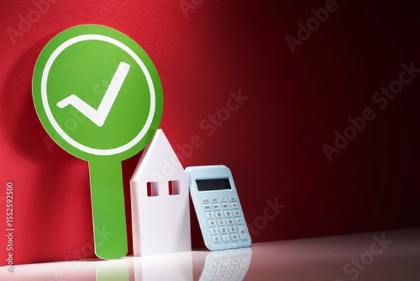 Obraz check mark tick round banner plate with small model house and calculator.