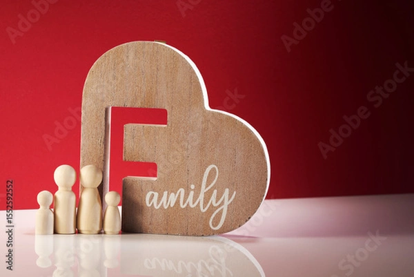 Obraz wood figurine and heart shape with word family against red background