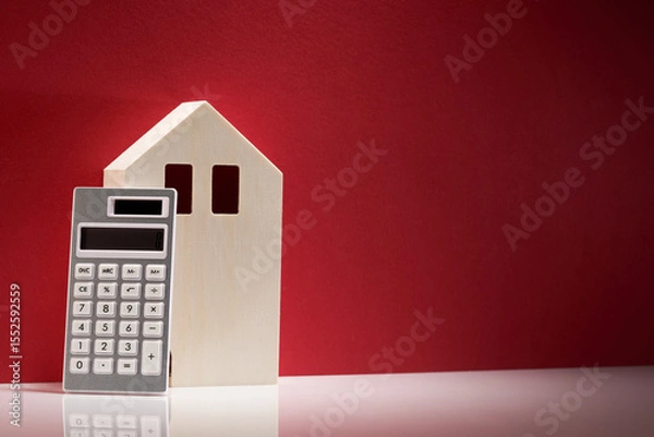 Obraz Calculator and model house made of wood.