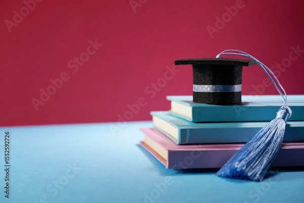 Obraz small mortarboard with blue tassel on books against red background