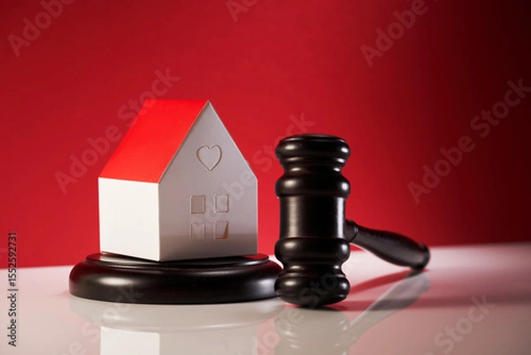 Obraz judge's gavel and small model house on mallet against red background