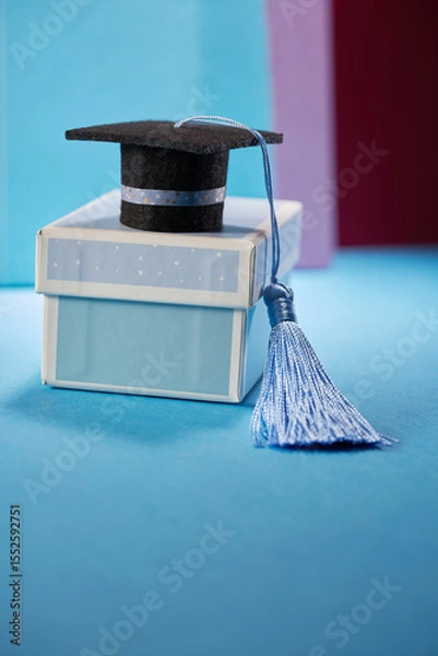 Obraz small mortarboard with blue tassel on gift box against blue background