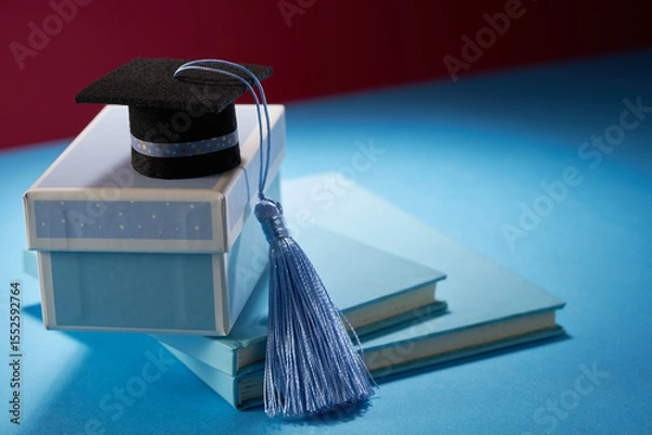 Obraz small mortarboard with blue tassel on gift box against blue background