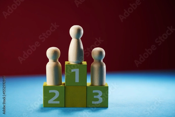 Obraz wooden figures of female likeness stand on a pedestal of their cubes on a red background.