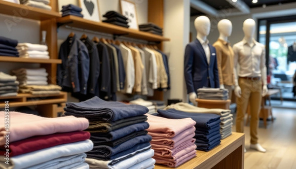 Fototapeta Casual menswear retail space with folded shirts and jackets on display, featuring neutral tones and modern store design