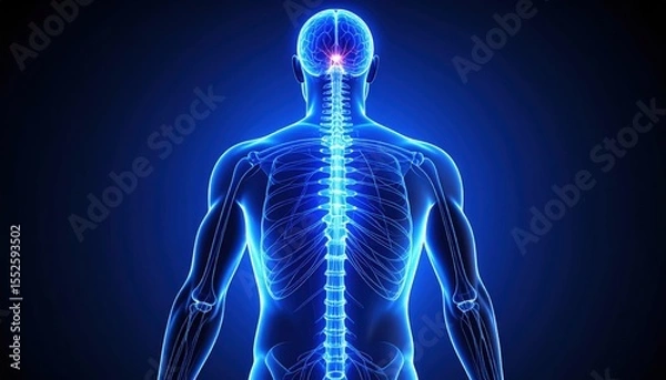 Obraz Human Spinal Cord: Digital illustration of the human spinal cord and brain, illuminated in vibrant blue.