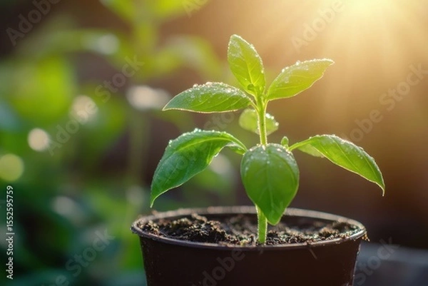 Fototapeta Time-lapse style basil growth from seedling, morning dew and sun glow effect