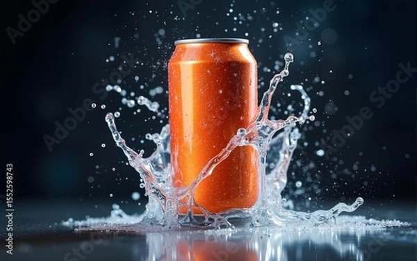 Fototapeta Sparkling beverage can exploding with refreshing water splash. High quality