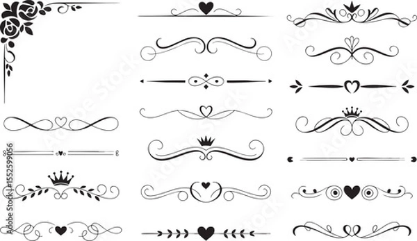 Fototapeta Elegant Flourishes and Decorative Dividers Vector Set for Embellishing Designs with Swirls, Hearts, Crowns, and Floral Accents on a Clean, Dark Background