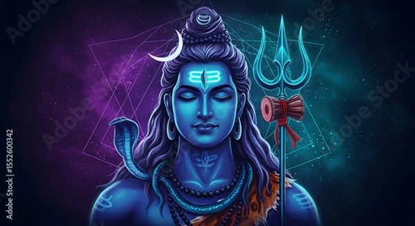 Fototapeta Illustration of Lord Shiva meditating with a crescent moon, snake, trident, and damru drum.