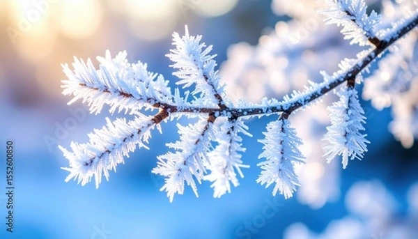 Fototapeta Frozen Branch Detail: A close-up shot reveals the intricate beauty of a frost-covered branch, sparkling with ice crystals in the soft light of a winter sunrise.