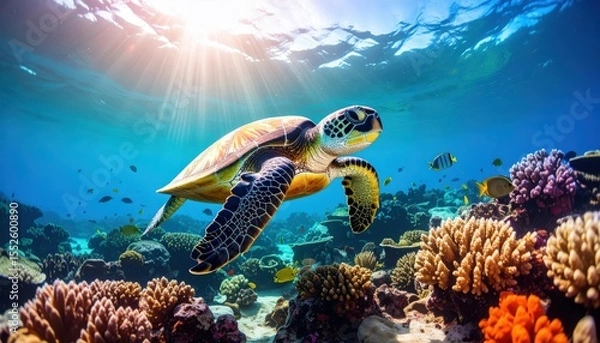 Fototapeta Underwater Turtle's Serenity: A vibrant image of a sea turtle gliding gracefully through a sun-dappled ocean, showcasing the serene beauty of marine life.
