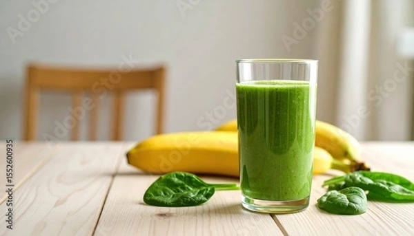 Fototapeta Green Smoothie with Banana and Spinach: A refreshing green smoothie in a glass, next to a bunch of ripe bananas and fresh spinach leaves on a wooden table.
