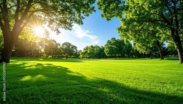 Fototapeta Lush Green Meadow and Sunny Sky: The image showcases a vibrant green meadow bathed in sunlight, with tall trees surrounding and blue sky background.