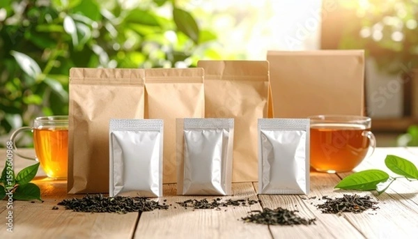 Fototapeta Tea Time Harmony: Close-up of neatly arranged tea bags, and loose tea, with glass of tea on a wooden surface.