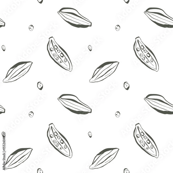 Fototapeta Botanical seamless pattern with hand drawn green pods seeds and leaves on white background for eco packaging and kitchen design
