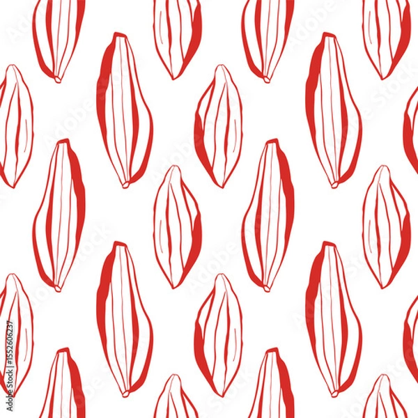 Fototapeta Modern red botanical pattern with linear pods on white background for fashion textile surface print and decorative design