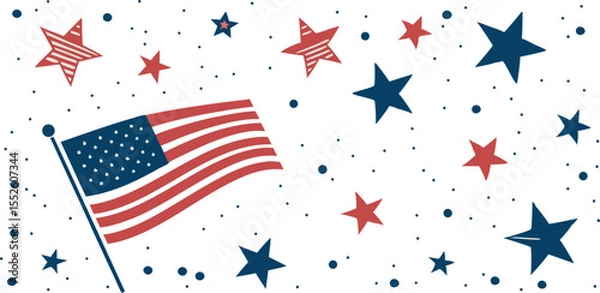 Fototapeta Red, White, and Blue Star Pattern on a White Background,decorative border design,Star pattern in American flag colors,festive pattern with flying, United States' flag,seamless pattern of red, blue,Ai