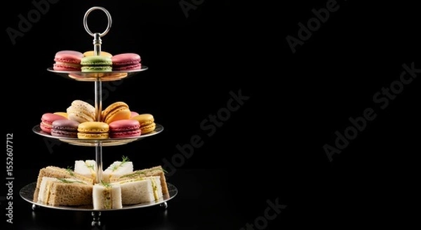 Obraz Delicate macarons and dainty finger sandwiches await on a tiered silver stand.