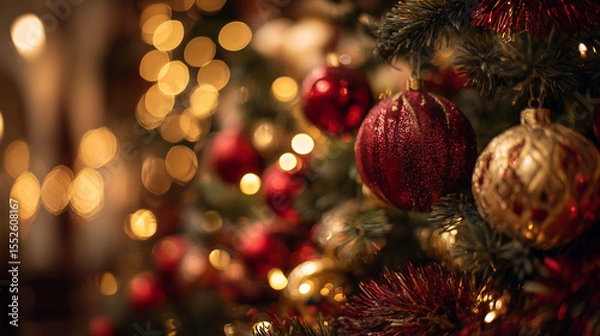 Fototapeta A beautifully decorated Christmas tree with ornaments, lights, and festive elements, creating a warm and joyful holiday atmosphere.